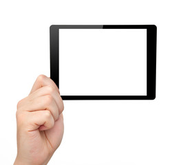 woman hand hold a mini tablet with isolated screen