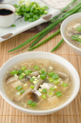 Chinese spicy soup with egg, shiitake mushrooms, tofu and green