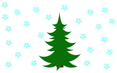 Green xmas tree on the snowflake background