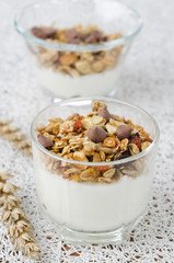 yogurt and granola with chocolate drops in a glass beaker