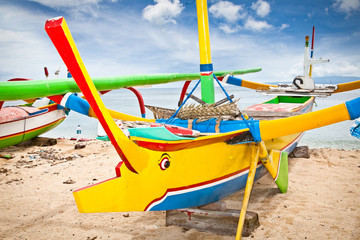 Fishing boats on a beach, Nusa Dua, Bali. Indonesia.