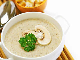 Mushroom cream soup on a table, food