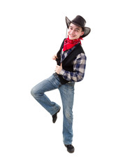 man in cowboy's hat dancing against isolated white