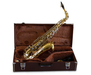 Saxophone with case isolated on white