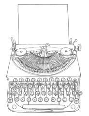 green typewriter and paper line art