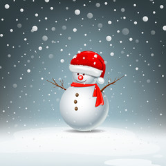 Snowman have Hat red Santa Claus on snow background