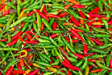 Texture of red and green chili peppers
