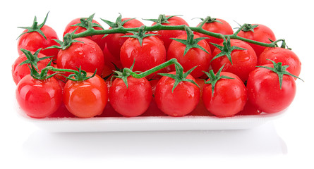 Fresh tomatoes in market package isolated on white