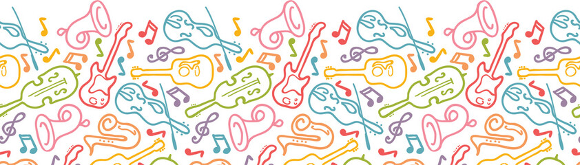 Fototapeta premium Vector musical instruments horizontal seamless pattern ornament