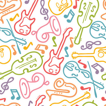 Vector musical instruments seamless pattern background with hand