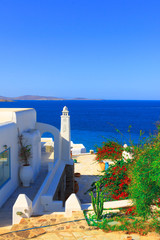 Beautiful sea view among colorful flowers Mykonos island Greece © korpithas
