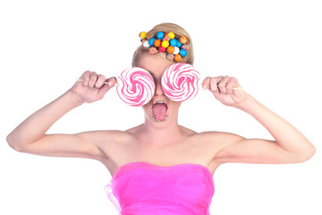 Woman With Candy Lolliops and Surprised Expression