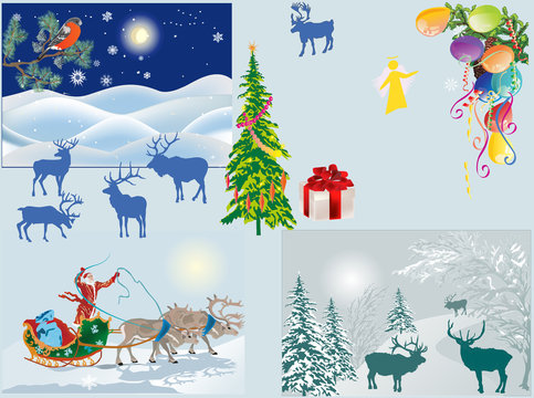 Santa Claus and deers in winter landscapes