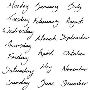 Handwritten Days of the Week and Months of the Year.