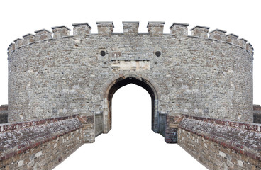 Isolated on white entrance to a medieval circular citadel tower