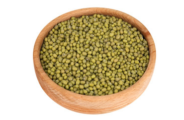 Raw mung beans in wooden bowl isolated on white (clipping path)