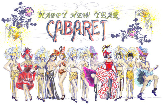 Cabaret Happy New Year ! Retro image with cancan dancers.
