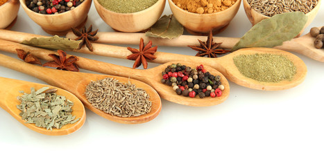 wooden bowls and spoons with spices isolated on white