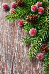 Rustic christmas decoration with spruce twigs and cones