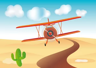 Cercles muraux Avion, ballon avion de dessin animé voler sur le désert