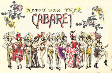Fototapeta na wymiar Kabaret Happy New Year! Retro obraz z kankana tancerek.