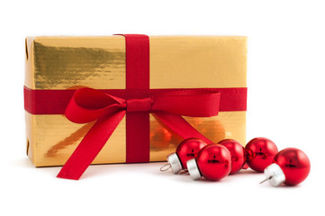 Cute gift with red christmas balls on white isolated background