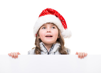 cheerful girl holding white cardboard