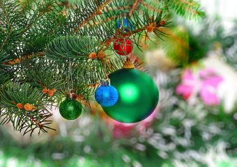 Christmas,New Year decoration-balls, green tinsel