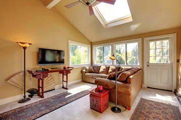 Large living room with sofa, TV and brown walls.