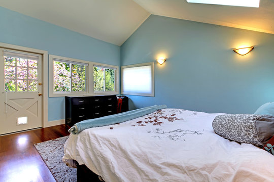 Blue bedroom with bed and skylight.