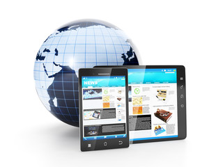 Mobile phone of electronics. Earth model tablet computer and mob