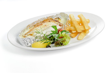 French fries and fish in foil