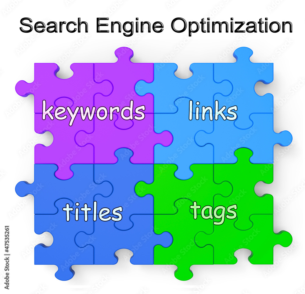 Poster search engine optimization puzzle shows links and tags