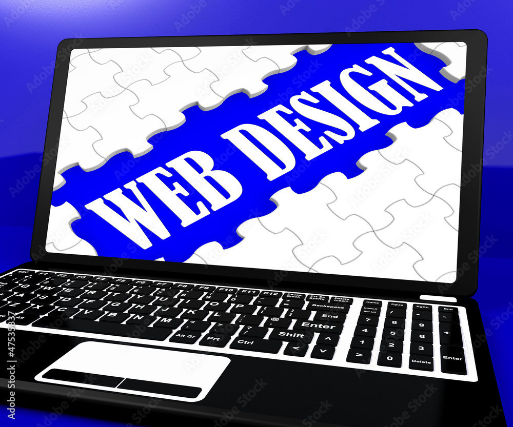 Poster web design puzzle on notebook shows online creativity