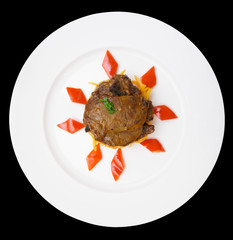 Fried venison in porcelain plate