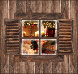wooden wall with window and christmas decoration