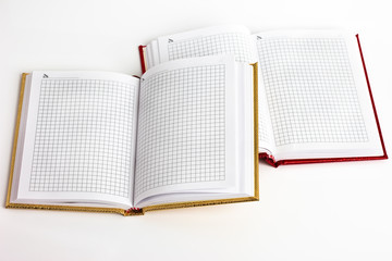 Golden and red notebooks on white