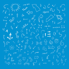 Vector hand drawn arrows set on blue background