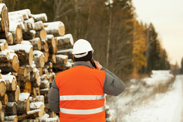 Lumberjack  talking on a mobile phone near log pile
