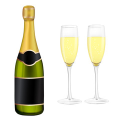 Two glasses of champagne and bottle.