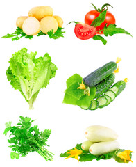Collage of vegetables on white background.