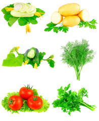Collage of vegetables on white background.