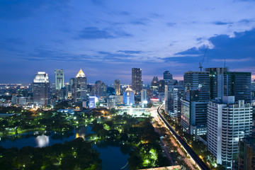 Fototapeta premium Business tower area with sky train and park foreground