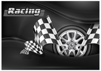 Checkered flags and wheel & text - obrazy, fototapety, plakaty