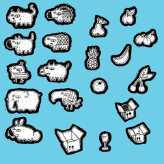 Doodled Animals and Fruits Collection