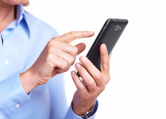 Hands of woman with a smartphone.