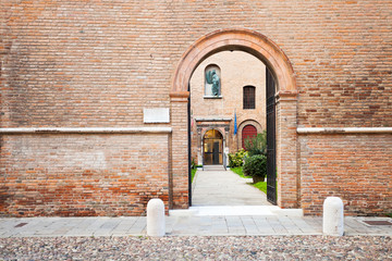 brick enceinte and ache gate in medieval town