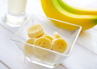 Fresh banana in the glass bowl, banana and milk