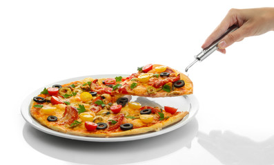 woman's hand holding a slice of pizza