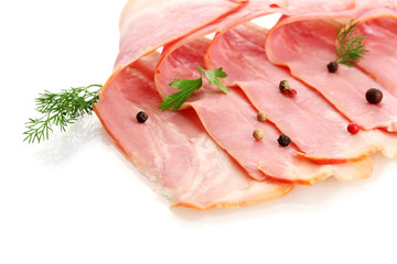 tasty bacon with spices, isolated on white